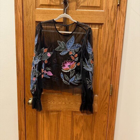 By Anthropologie Long-Sleeve Appliqué Mesh Top Color:  Black Motif, SZ XL - Picture 2 of 6